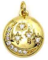 17x14mm Brass & Cubic Zirconia Moon & Stars Round Pendant, Gold