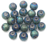 20pc 8mm Patterned Glass Round Beads, Blue-Green Iris Crackle