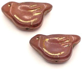 2pc 21x11mm Czech Pressed Glass Bird Beads, Pink Opal w/Gold Topaz Luster & Rose Gold Wash
