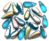 20pc 12x5mm Czech Pressed Glass Teardrop Beads, Aqua w/Matte Vitrail