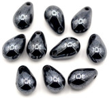 10pc 9x6mm Czech Pressed Glass Top-Drilled Teardrop Beads, Jet w/Hematite Luster