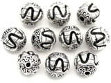 10pc 10mm Zigzag-Patterned Fancy Round Spacer Beads, Antique Silver