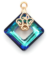 10mm Crystal Square Pendant w/Golden Brass Bail, Bermuda Blue