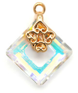 10mm Crystal Square Pendant w/Golden Brass Bail, Crystal AB