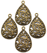 4pc 34x21mm Filigree Teardrop Pendants, Antique Bronze