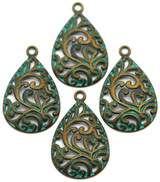 4pc 34x21mm Filigree Teardrop Pendants, Antique Bronze Patina