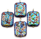 50x33mm Rectangle Enameled Brass Cloisonné Cherry Pendant, Blue & Gold w/Cherry Blossom Branch Pattern