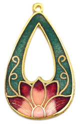 41x24mm 24k Gold-Plated Enameled Brass Cloisonné Teardrop Pendant, Teal w/Pink Lotus Pattern
