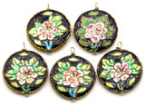 50x41mm Enameled Brass Cloisonné Round Pendant, Black & Gold w/Floral Pattern