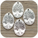4pc 26x17mm Detailed Tree of Life Oval Slice Pendant, Antique Silver
