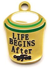 18x12mm Stainless Steel "LIFE BEGINS After coffee" Travel Cup Charm, Gold