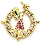 22x21mm Brass & Cubic Zirconia Round Mother & Baby Pendant Link, Gold