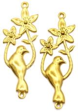 2pc 38x13mm Stainless Steel Filigree Flower & Bird Links, Gold