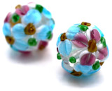 2pc 12mm Finely-Detailed Lampwork Glass Floral Round Bead, Crystal w/Pink & Blue Flowers