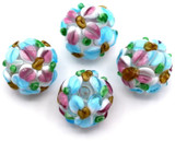 2pc 12mm Finely-Detailed Lampwork Glass Floral Round Bead, Crystal w/Pink & Blue Flowers