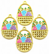 4pc 27x18mm Enameled Easter Basket w/Eggs Pendants, Gold Multi