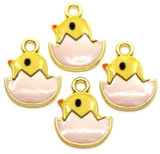 4pc 15x12mm Printed Baby Chick Charms, Yellow/Pink/Gold