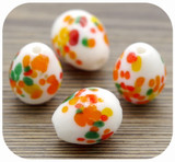 2pc 17x14mm Lampwork Glass Egg Beads, White w/Multicolor Speckles