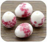 2pc 17x14mm Lampwork Glass Egg Beads, White w/Speckled Pink