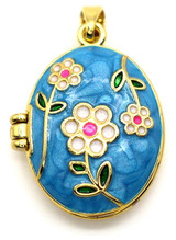 22x17mm 18k Gold-Plated Enameled Brass Locket, Blue Floral