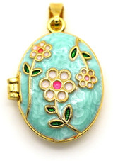 22x17mm 18k Gold-Plated Enameled Brass Locket, Aqua Floral