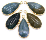 33x16mm Moss Agate Brass-Edged Teardrop Pendant, Gold Finish
