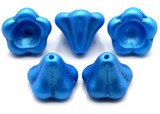 5pc 11x13mm Czech Pressed Glass Bell Flower Beads, Alabaster w/Pearl Shine Azure Blue