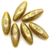 6pc 19x7mm Czech Pressed Glass Oval Beads, Violet Silk w/Gold Shimmer