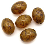 5pc Czech Pressed Glass 13x10mm Barrel Beads, Crystal w/Picasso & Pebbled Orange