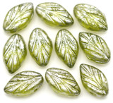 10pc 7x11mm Czech Pressed Glass Top-Drilled Leaf Beads, Varied Olivine w/Silver Shimmer