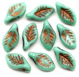 10pc 6x12mm Czech Pressed Glass Top-Drilled Leaf Beads, Opaque Turquoise w/Copper