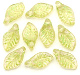 10pc 6x12mm Czech Pressed Glass Top-Drilled Leaf Beads, Light Jonquil w/Peridot Wash