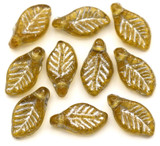 10pc 6x12mm Czech Pressed Glass Top-Drilled Leaf Beads, Pale Topaz w/Silver Wash
