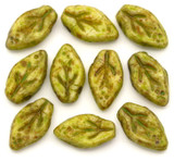 10pc 6x10mm Czech Pressed Glass Top-Drilled Cherry Leaf Beads, Picasso w/Pebbled Olive
