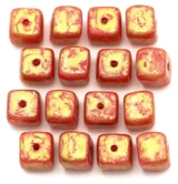 16pc 5x7mm Czech Pressed Glass Cube Beads, Alabaster w/Vivid Strawberry & Marbled Gold
