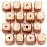 16pc 6x9mm Czech Pressed Glass Cube Beads, Alabaster w/Copper Shimmer