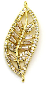 31x12mm 18k Gold-Plated Brass & Cubic Zirconia Leaf Link