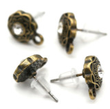 4pc 10x13mm Rhinestone Medallion Earstuds w/Earnuts, Antique Bronze