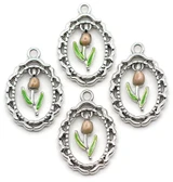 4pc 23x16mm Oval Frame w/Enameled Tulip Drop Pendants, Silver & Pink