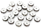 20pc 8x3.8mm Brass Rhinestone Rondelle Spacer Beads, Silver w/Crystal Shadow