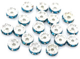 20pc 8x3.8mm Brass Rhinestone Rondelle Spacer Beads, Silver w/Aquamarine
