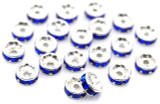 20pc 8x3.8mm Brass Rhinestone Rondelle Spacer Beads, Silver w/Sapphire