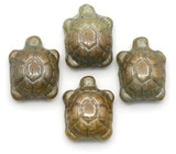 2pc 19x14mm Czech Pressed Glass Turtle Beads, Striated Almond w/Tea Green Luster