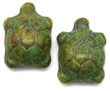 2pc 19x14mm Czech Pressed Glass Turtle Beads, Striated Almond w/Picasso & Pebbled Olive