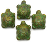 2pc 19x14mm Czech Pressed Glass Turtle Beads, Striated Almond w/Picasso & Pebbled Olive