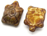 2pc 19x14mm Czech Pressed Glass Turtle Beads, Striated Almond w/Picasso