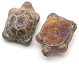 2pc 19x14mm Czech Pressed Glass Turtle Beads, Straited Almond w/Picasso & Pebbled Beige