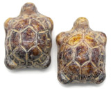 2pc 19x14mm Czech Pressed Glass Turtle Beads, Straited Almond w/Picasso & Pebbled Beige