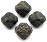 4pc 13mm Czech Pressed Glass Pinched Bicone Beads, Matte Jet w/Picasso