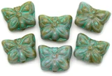 6pc 9x7mm Czech Pressed Glass Butterfly Beads, Opaque Lavender Silk w/Picasso & Pebbled Mint